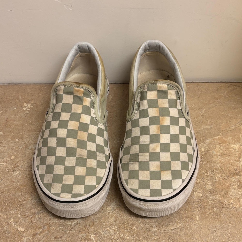 Vans Mens 6.5/ Womens 8 - Green and Cream Checkered Slip-On Sneakers